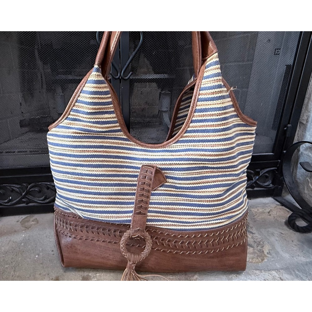 Steven by Steve Madden Striped Woven Large Hobo Tote Brown NWOT